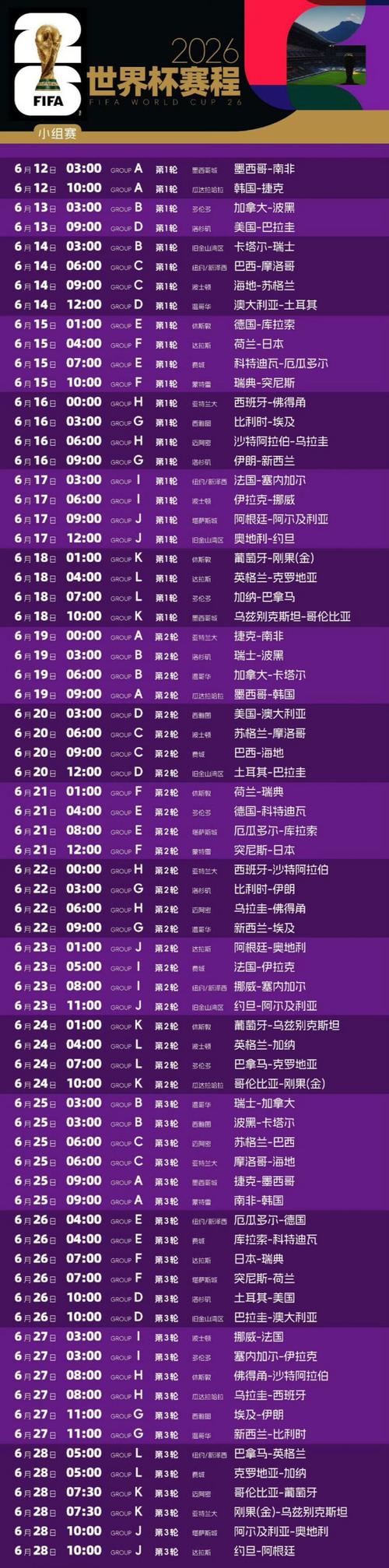 2026年世界杯比赛时间确定了吗?
